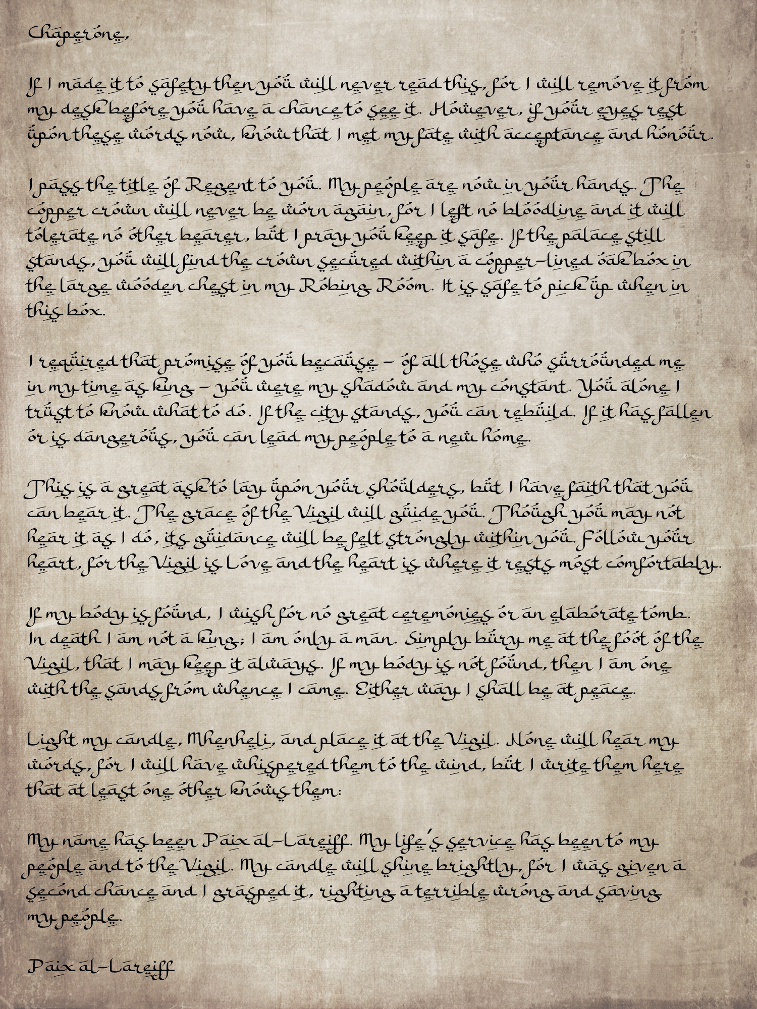 An image of a letter in elegant script. Plain text of the letter is below the image.